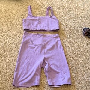 Girlfriend Collective Purple Ribbed Sports Bra and Biker Shorts Set